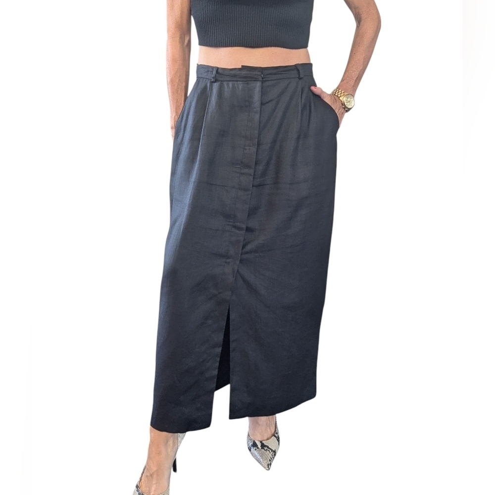 Vintage Dana Brooke 100% Linen Classic Black Midi Skirt Minimalist Chic Size 12